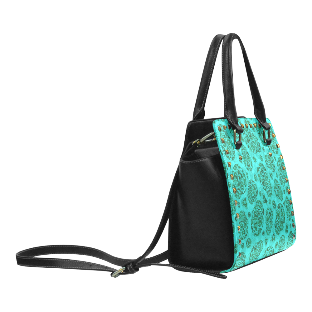 Sugar Skull Pattern - Teal Rivet Shoulder Handbag (Model 1645)