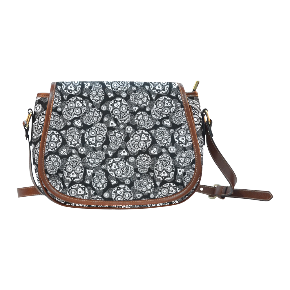 Sugar Skull Pattern - Black and White Saddle Bag/Large (Model 1649)