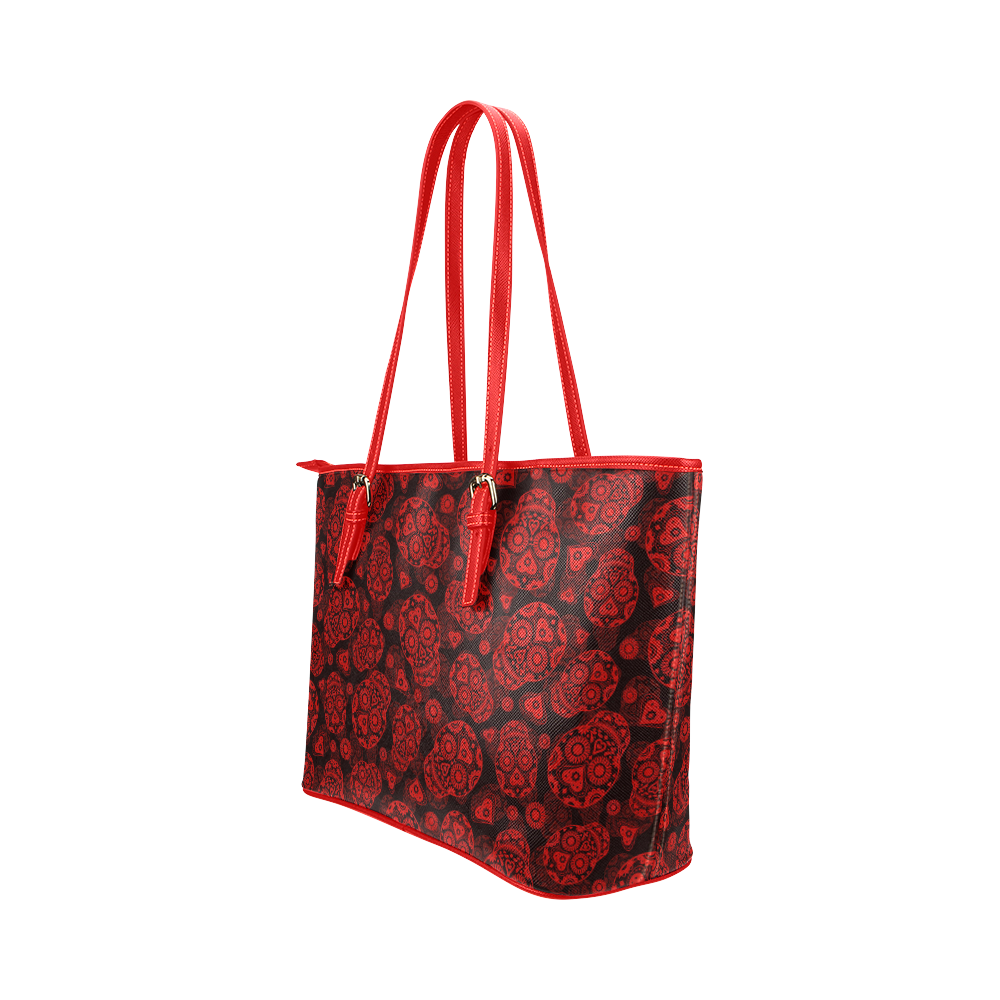 Sugar Skull Pattern - Red Leather Tote Bag/Large (Model 1651)