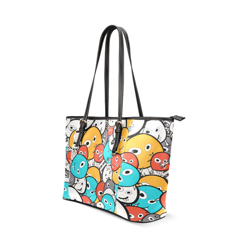 multicolor doodle monsters Leather Tote Bag/Small (Model 1640)