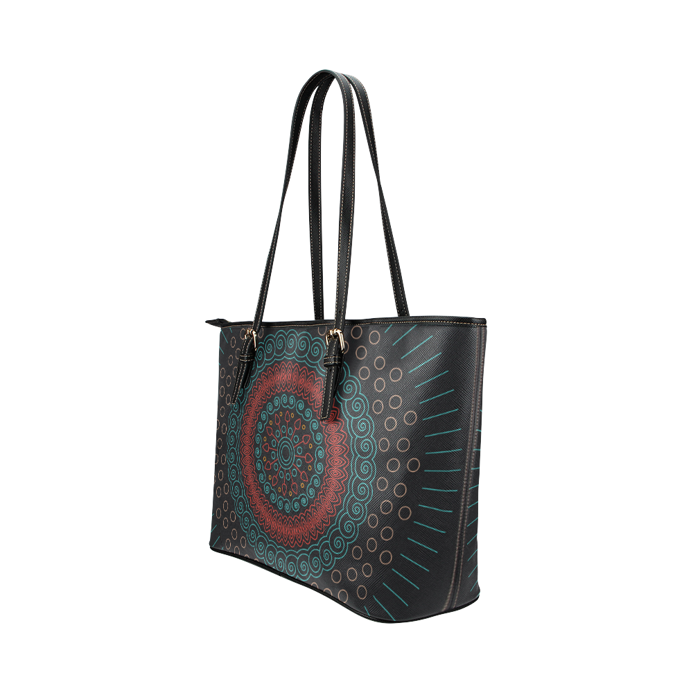 red with green mandala circular Leather Tote Bag/Small (Model 1651)