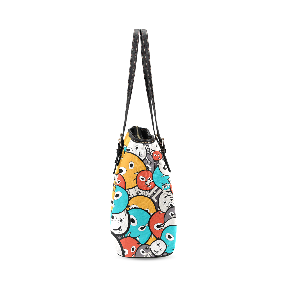 multicolor doodle monsters Leather Tote Bag/Small (Model 1640)