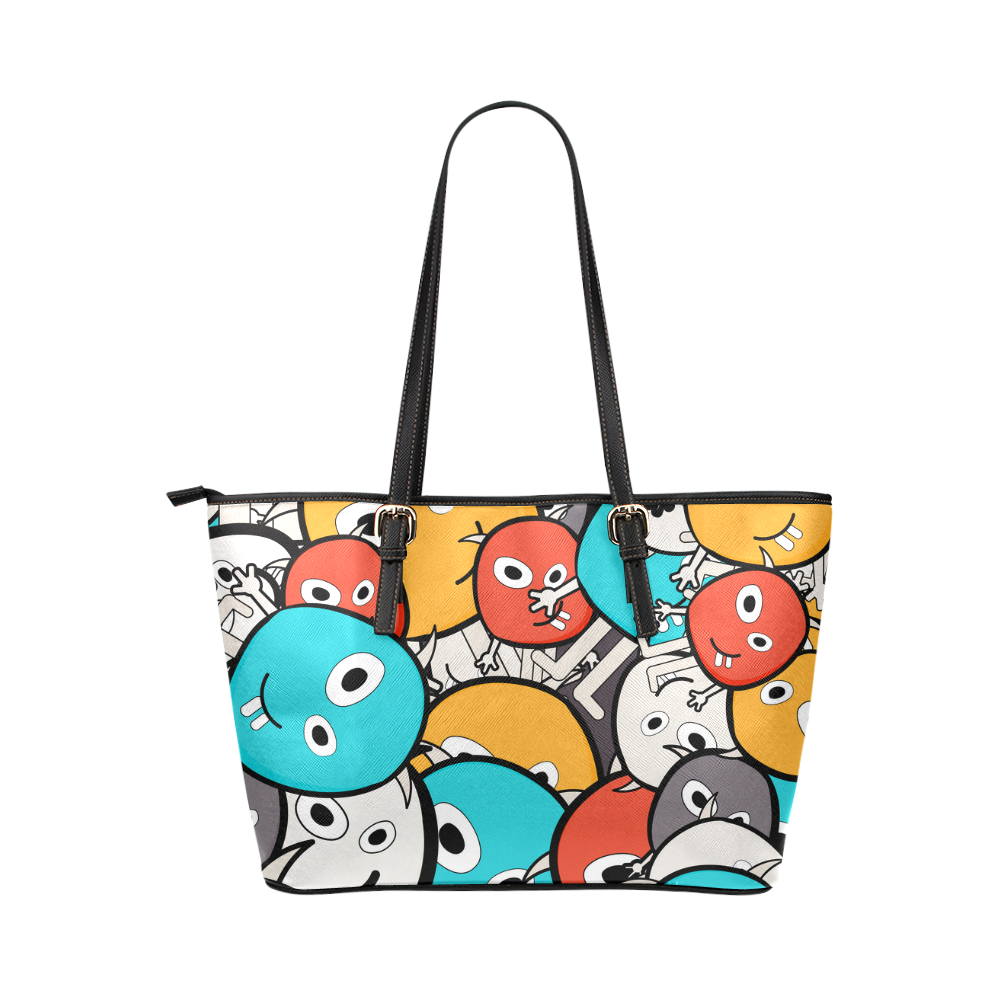 multicolor doodle monsters Leather Tote Bag/Large (Model 1651)