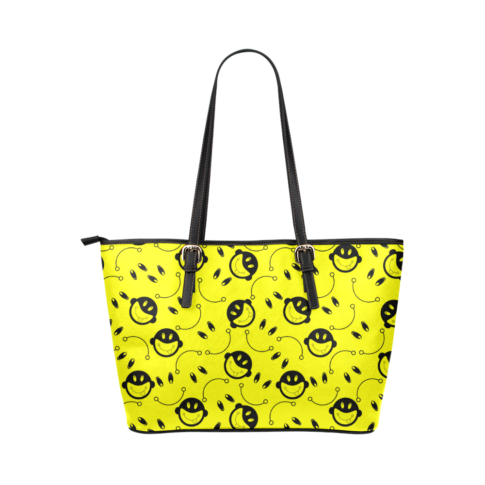 monkey tongue out on yellow Leather Tote Bag/Large (Model 1651)