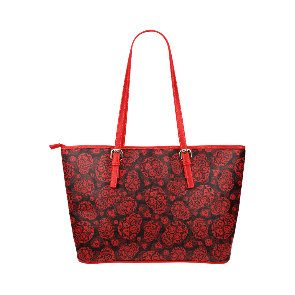 Sugar Skull Pattern - Red Leather Tote Bag/Large (Model 1651)