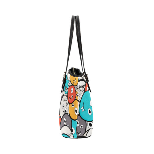 multicolor doodle monsters Leather Tote Bag/Small (Model 1651)