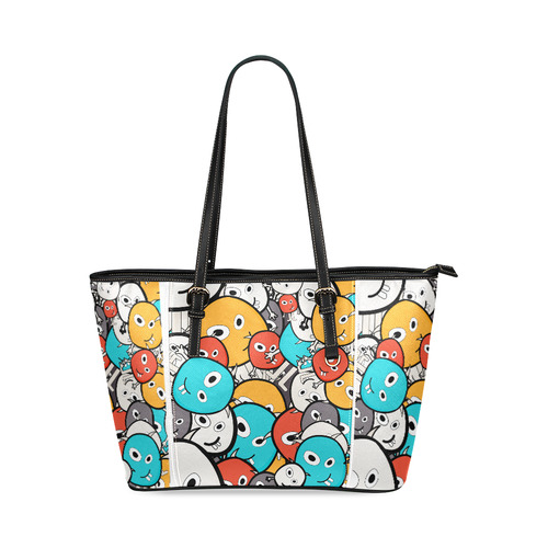 multicolor doodle monsters Leather Tote Bag/Large (Model 1640)