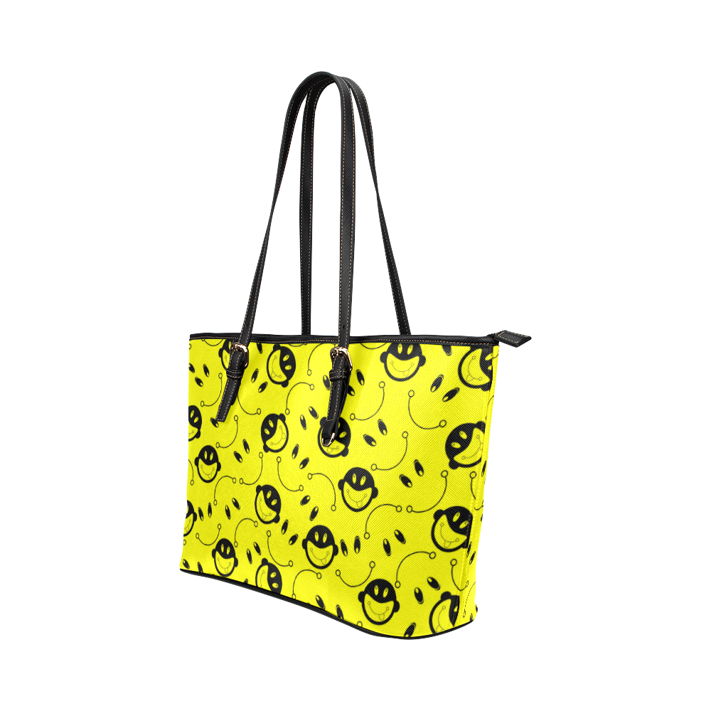 monkey tongue out on yellow Leather Tote Bag/Small (Model 1651)