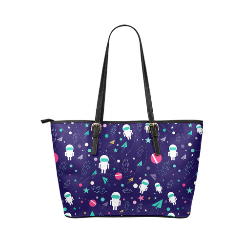 Cute Doodle Astronauts Leather Tote Bag/Small (Model 1651)
