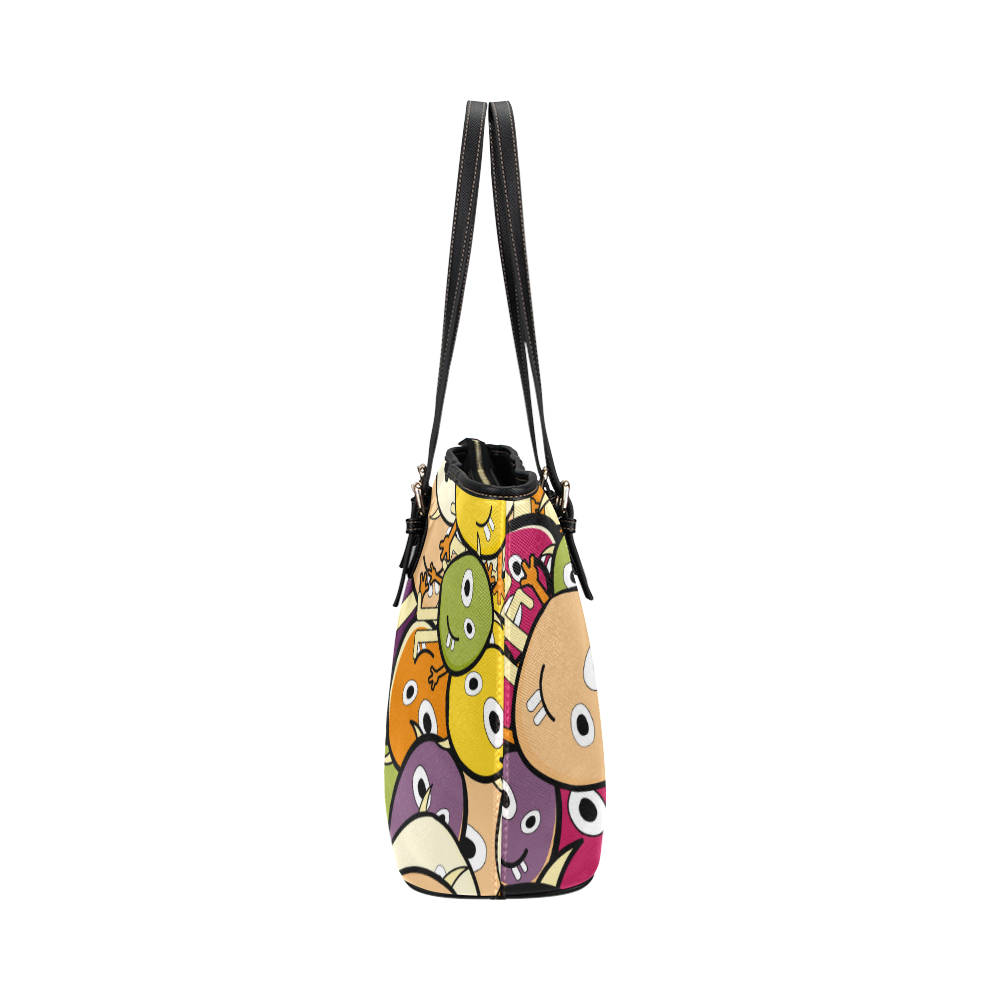 monster colorful doodle Leather Tote Bag/Small (Model 1651)
