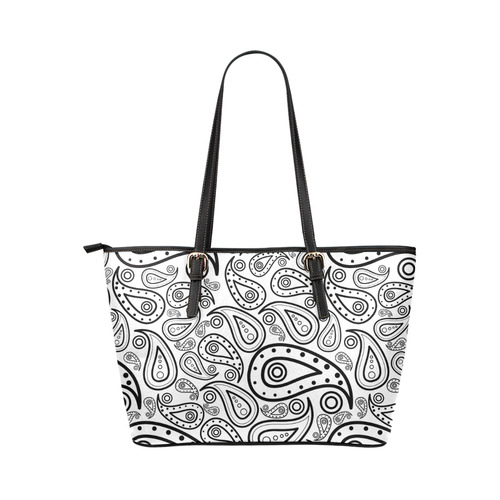 black and white paisley Leather Tote Bag/Large (Model 1651)