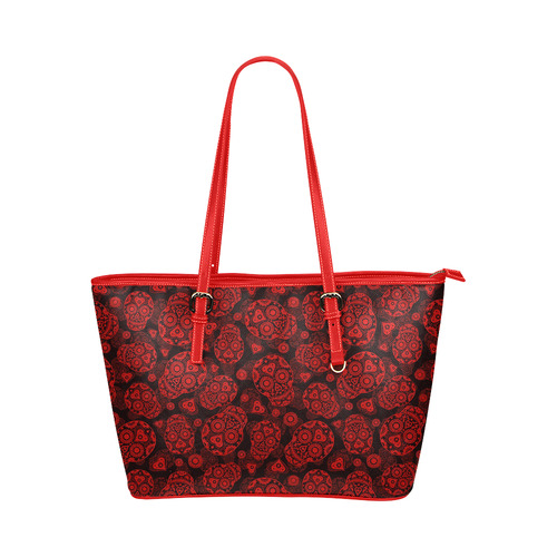 Sugar Skull Pattern - Red Leather Tote Bag/Small (Model 1651)