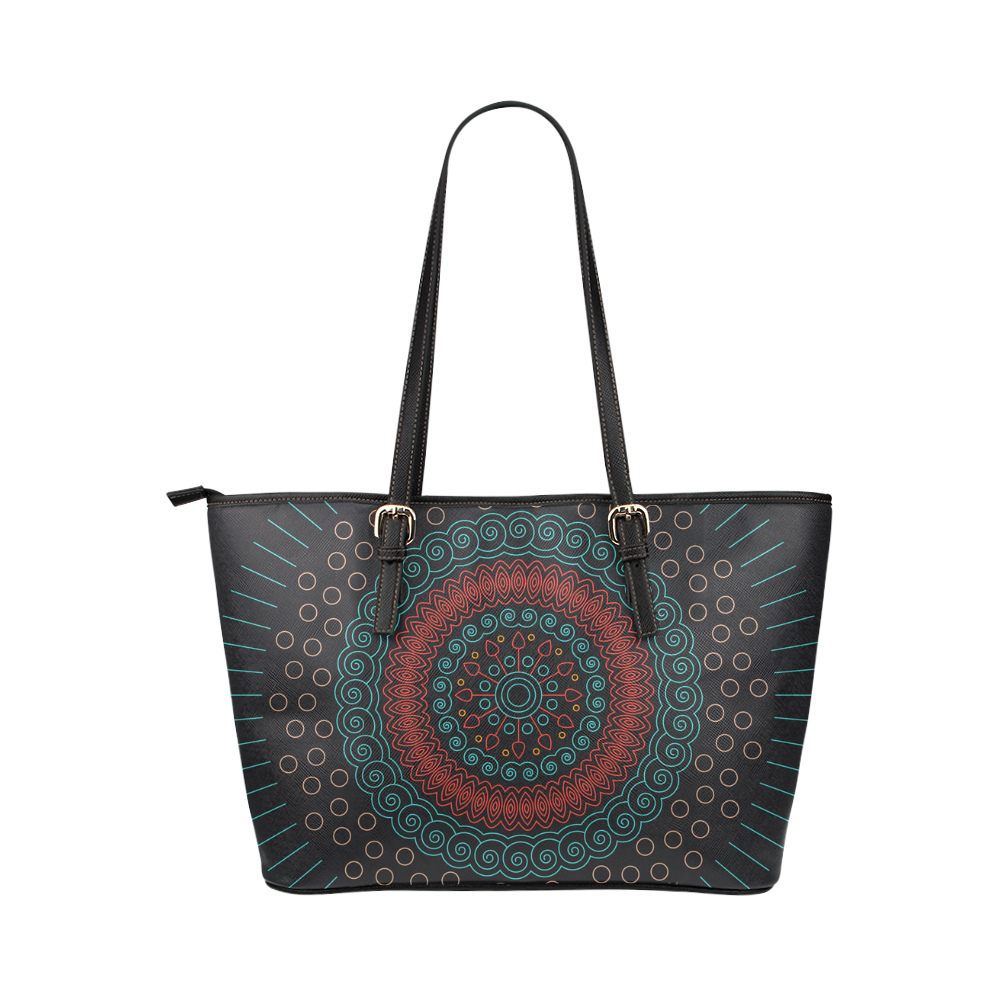 red with green mandala circular Leather Tote Bag/Small (Model 1651)