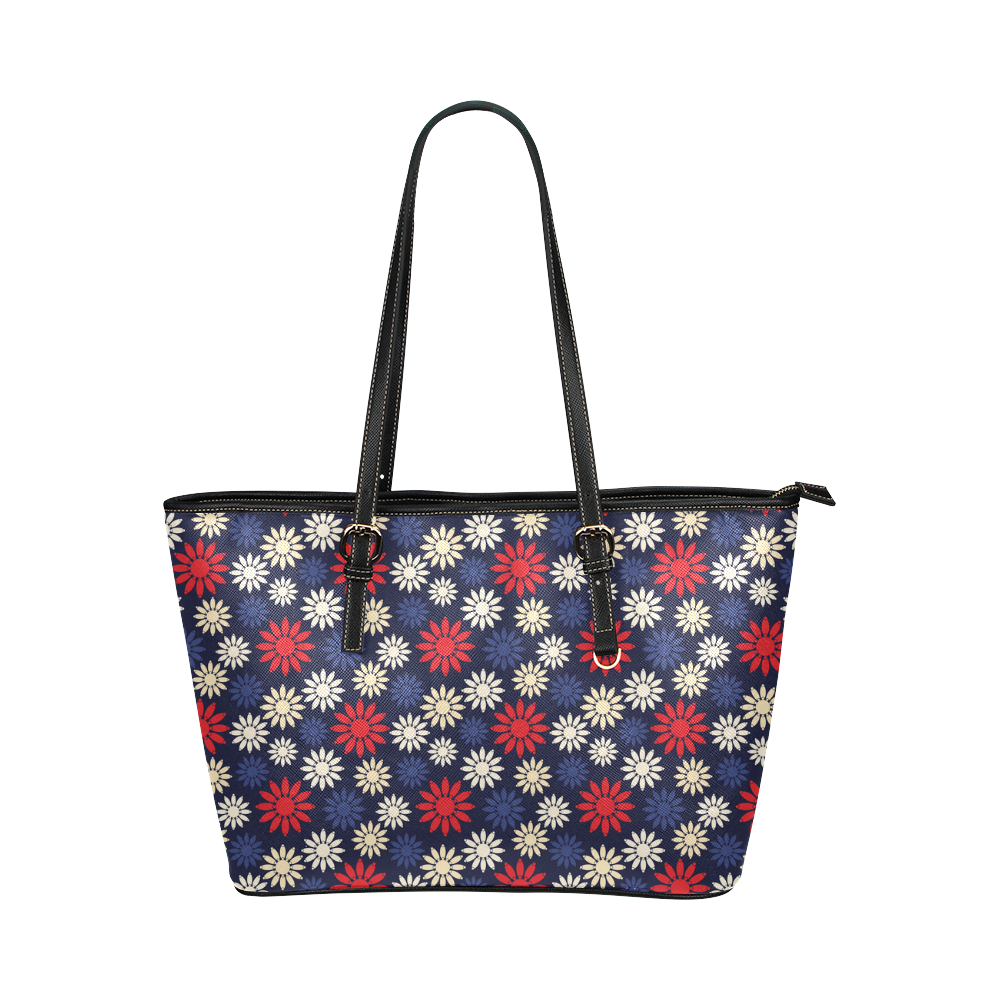 Red Symbolic Camomiles Floral Leather Tote Bag/Small (Model 1651)