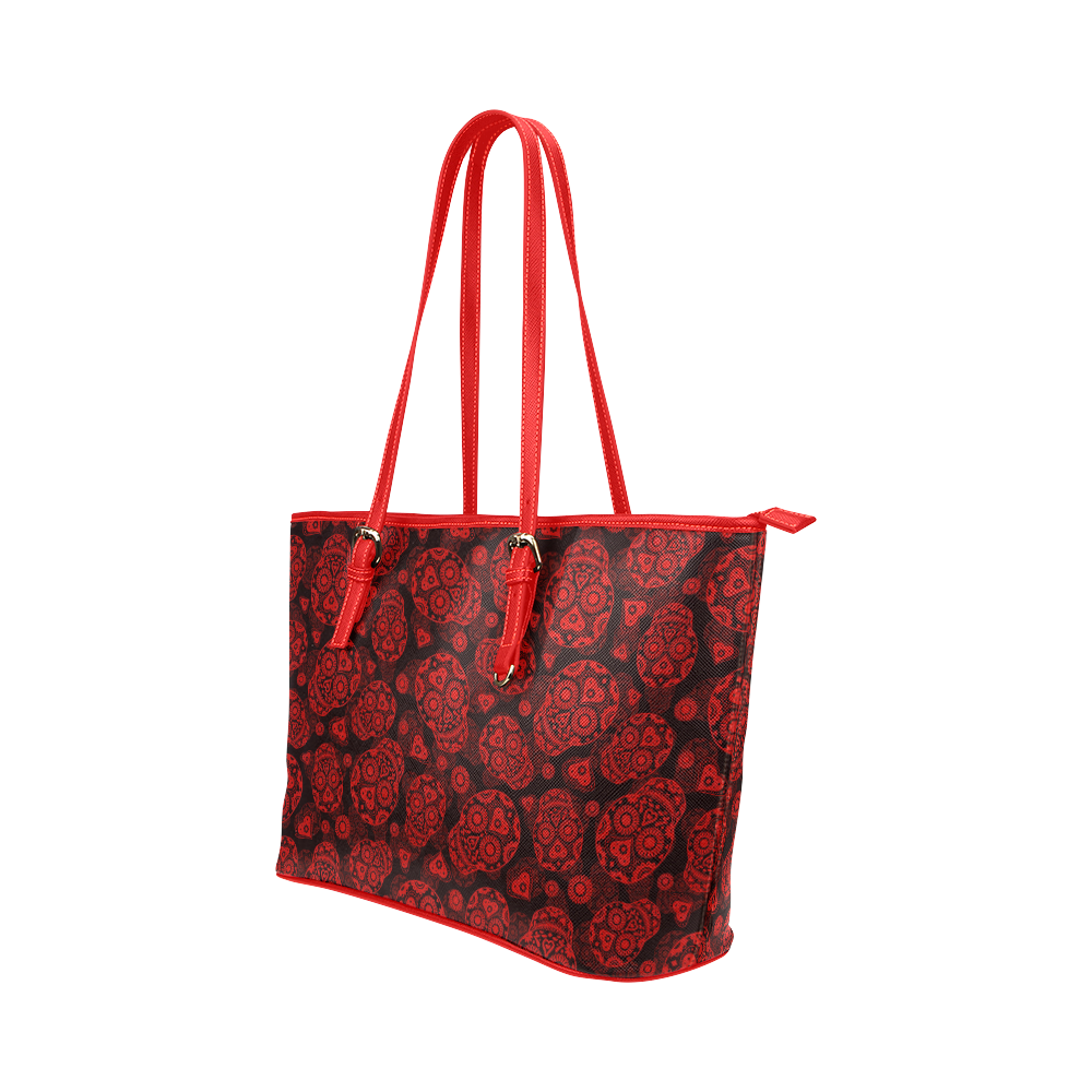 Sugar Skull Pattern - Red Leather Tote Bag/Small (Model 1651)