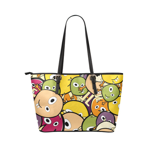 monster colorful doodle Leather Tote Bag/Large (Model 1651)