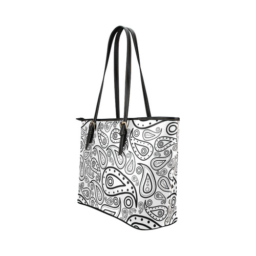 black and white paisley Leather Tote Bag/Large (Model 1651)