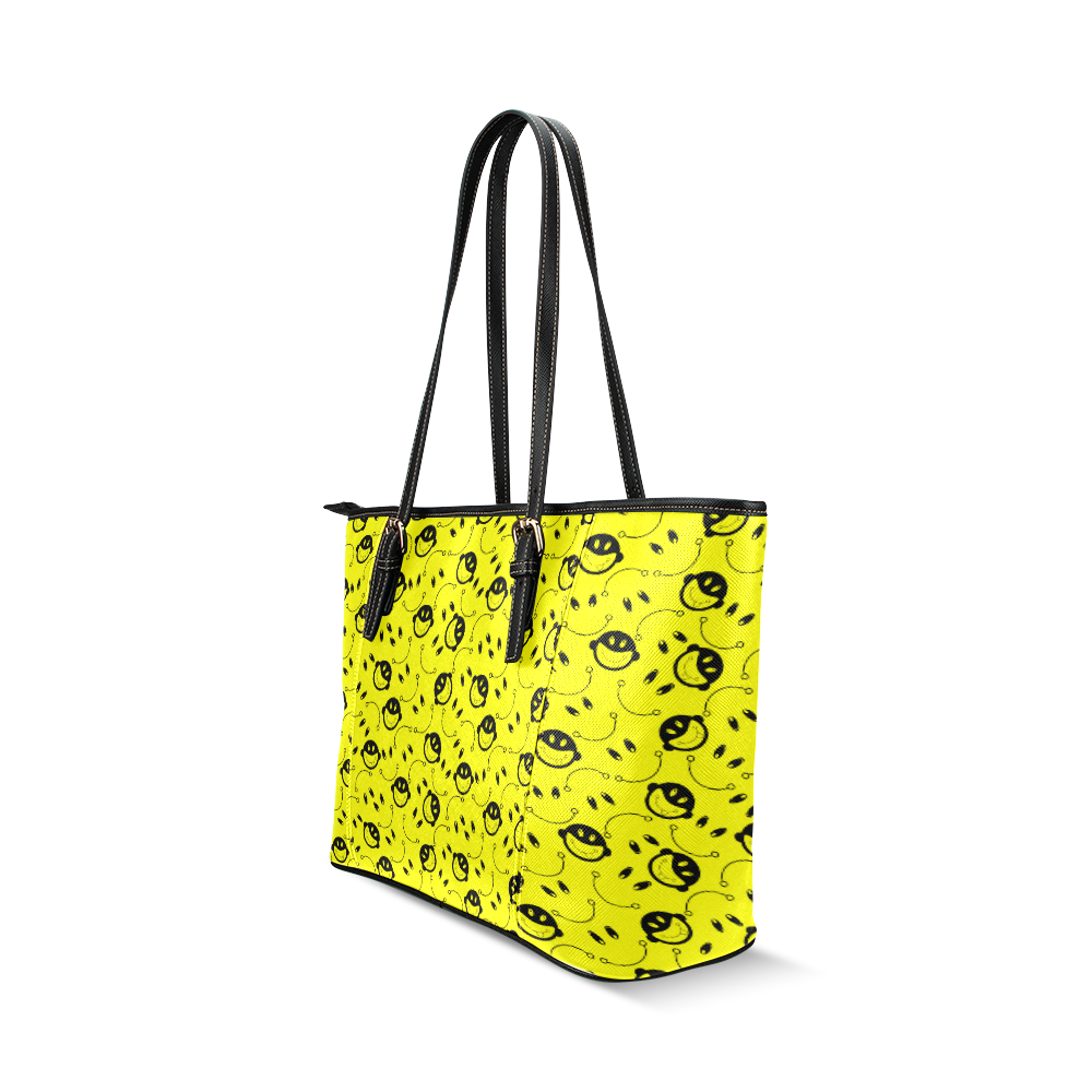monkey tongue out on yellow Leather Tote Bag/Small (Model 1640)
