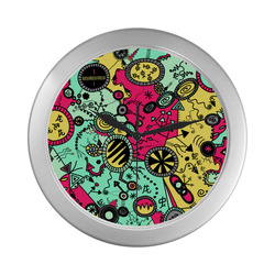 Comic Doodle Illustration in Colour Silver Color Wall Clock