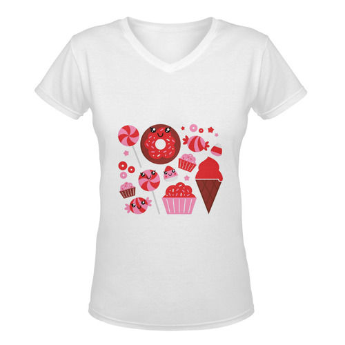 Designers donut tshirt with Red icons Women's Deep V-neck T-shirt (Model T19)