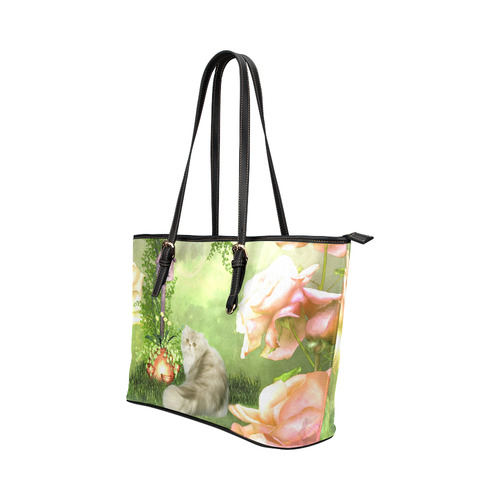 Cute cat in a garden Leather Tote Bag/Small (Model 1651)