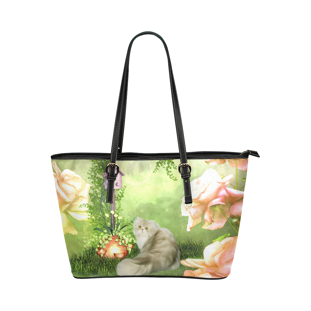 Cute cat in a garden Leather Tote Bag/Small (Model 1651)