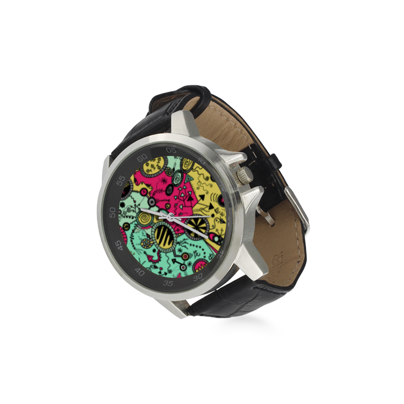 Comic Doodle Illustration in Colour Unisex Stainless Steel Leather Strap Watch(Model 202)