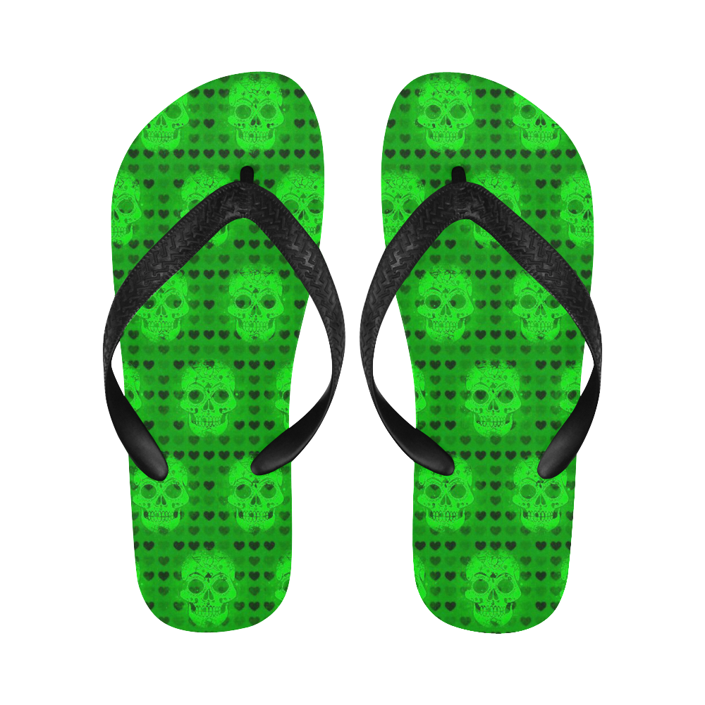 skulls and hearts, green by JamColors Flip Flops for Men/Women (Model 040)