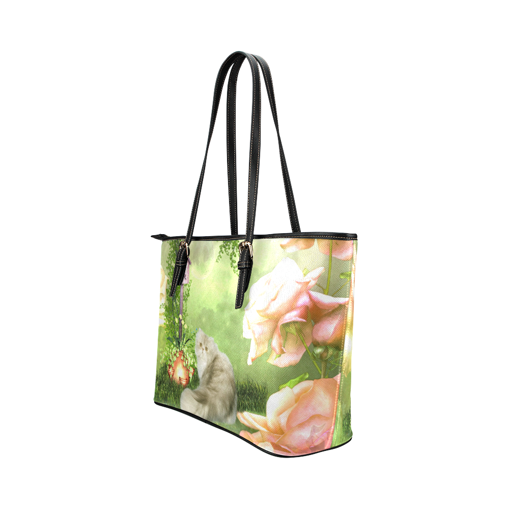 Cute cat in a garden Leather Tote Bag/Small (Model 1651)