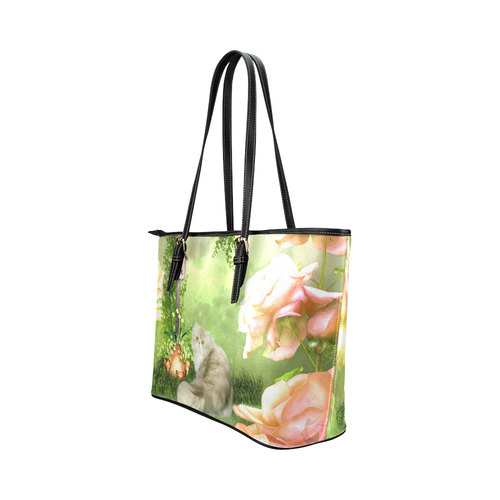 Cute cat in a garden Leather Tote Bag/Small (Model 1651)