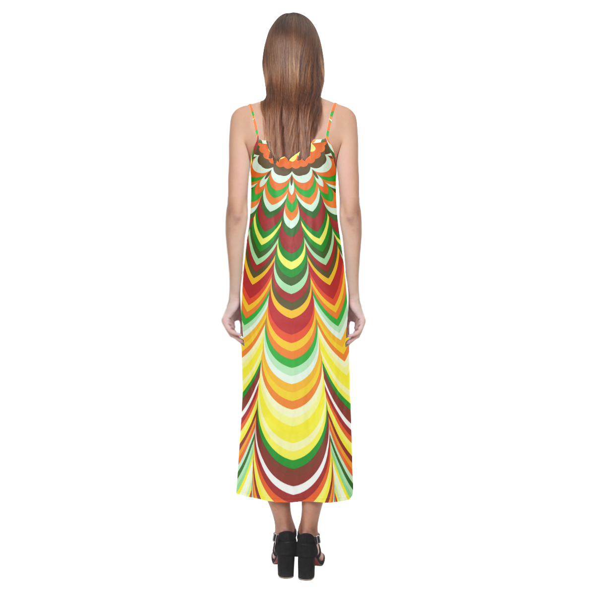 Colorful flower striped mandala V-Neck Open Fork Long Dress(Model D18)