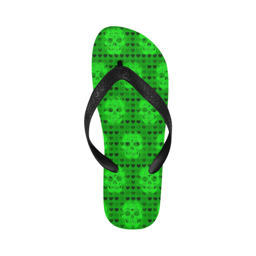 skulls and hearts, green by JamColors Flip Flops for Men/Women (Model 040)