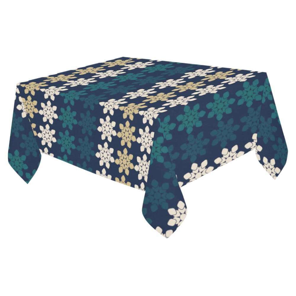 Dark Blue Floral Geometric Tile Cotton Linen Tablecloth 52"x 70"