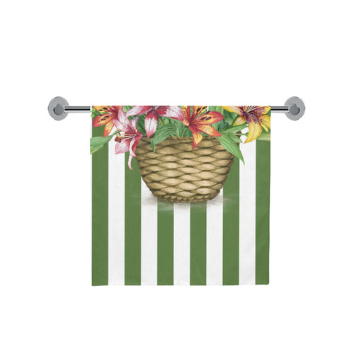 Flower Lily Basket on Green Stripes Bath Towel 30"x56"