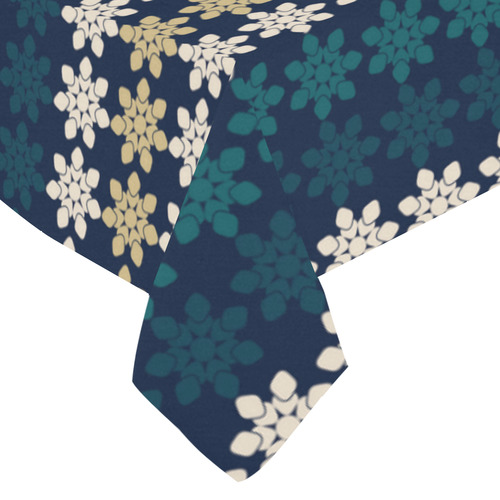 Dark Blue Floral Geometric Tile Cotton Linen Tablecloth 60"x 84"