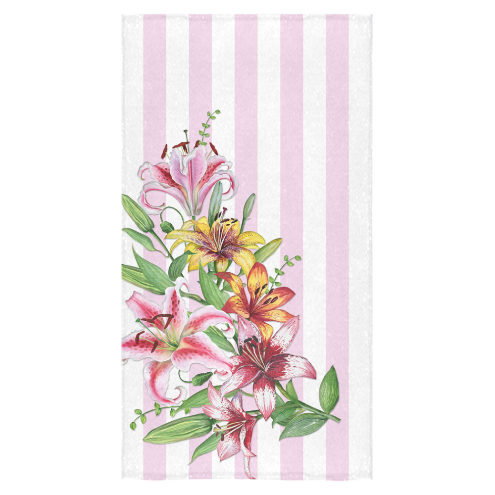 Lilies on Pink Stripes Bath Towel 30"x56"