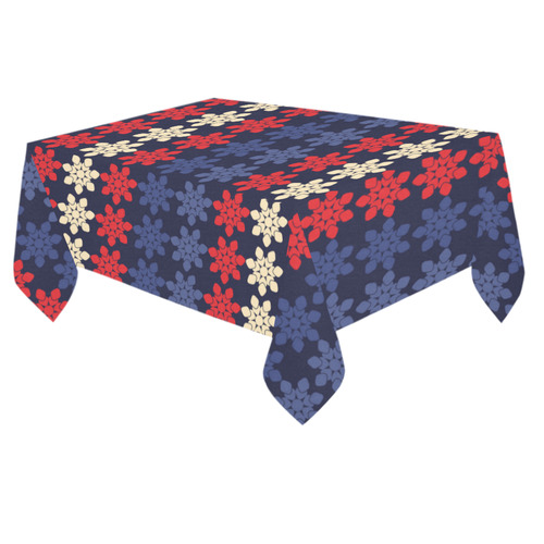Blue With Red Floral Geometric Tile Cotton Linen Tablecloth 60"x 84"