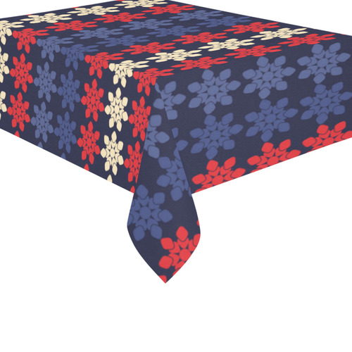 Blue With Red Floral Geometric Tile Cotton Linen Tablecloth 60"x 84"