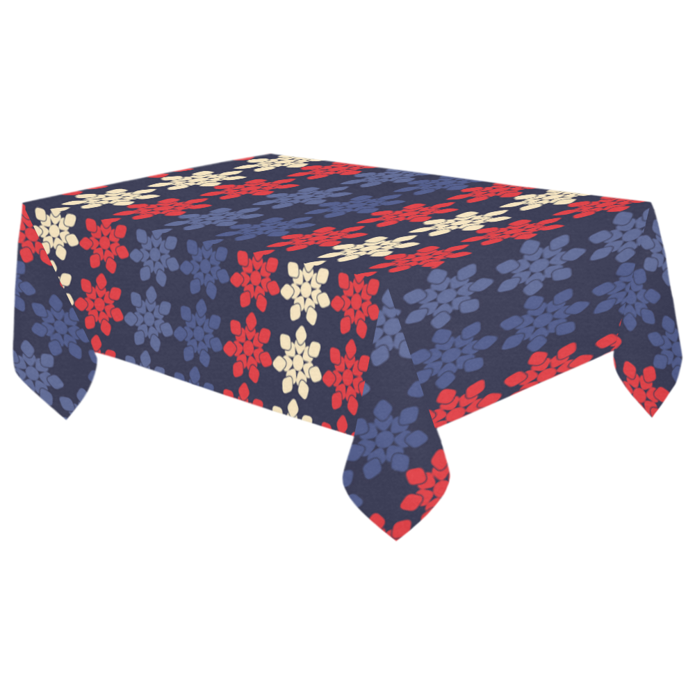 Blue With Red Floral Geometric Tile Cotton Linen Tablecloth 60"x 104"