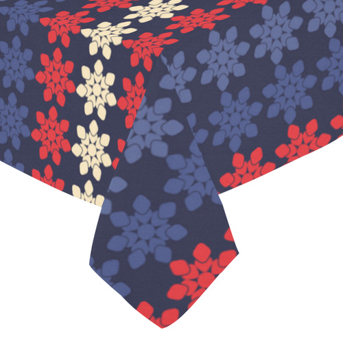 Blue With Red Floral Geometric Tile Cotton Linen Tablecloth 52"x 70"