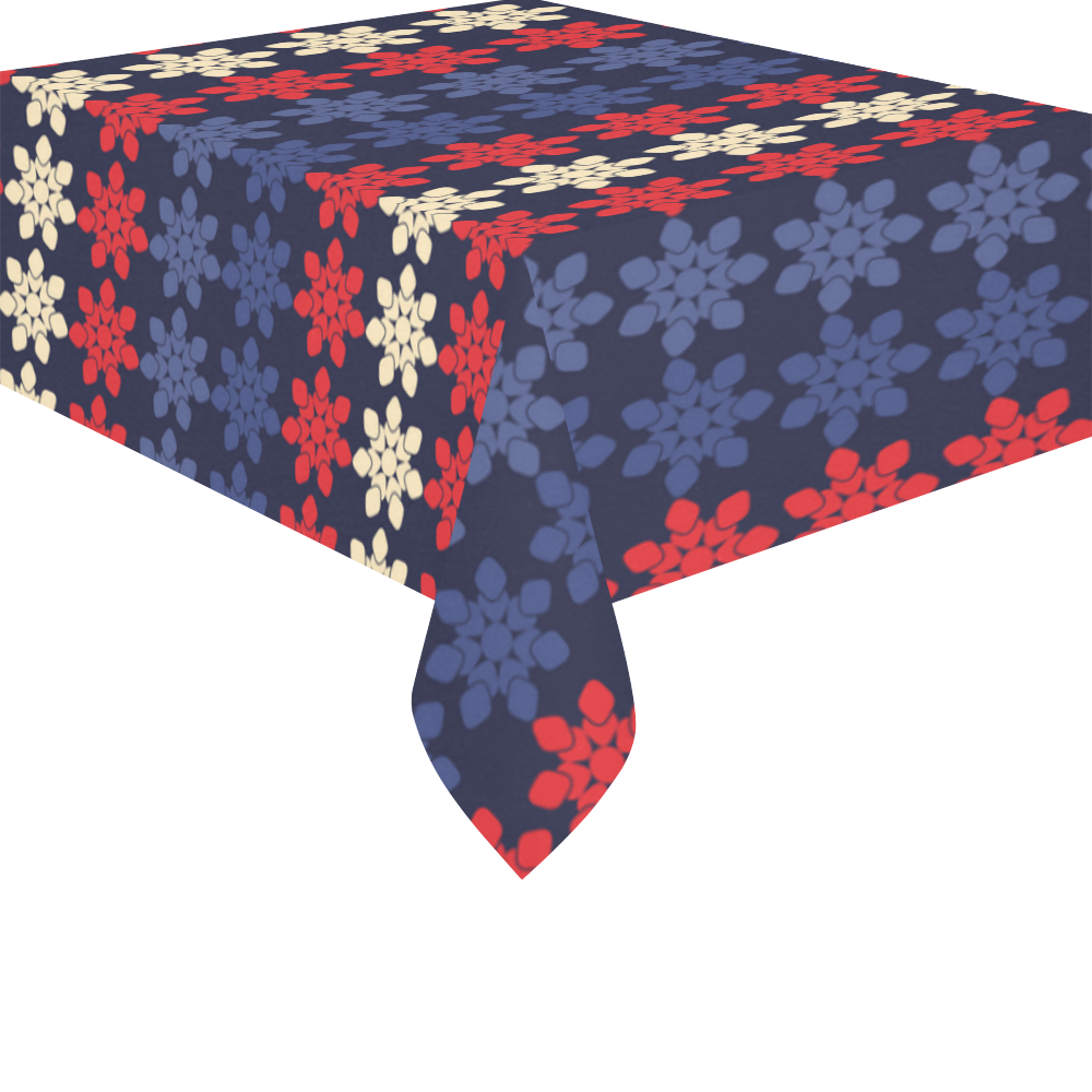 Blue With Red Floral Geometric Tile Cotton Linen Tablecloth 52"x 70"