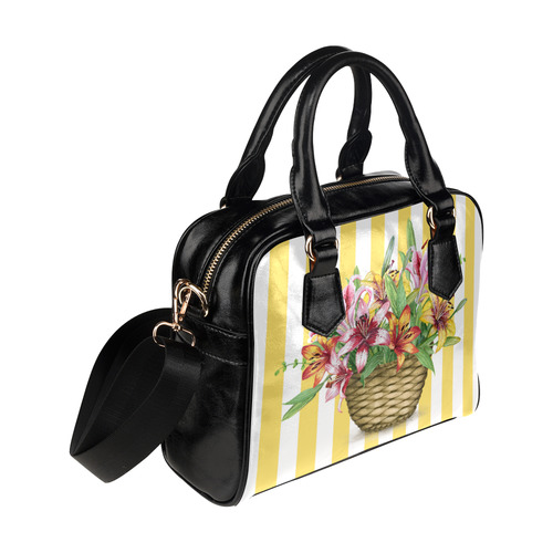 Lillies in a Basket on Yellow Stripes Shoulder Handbag (Model 1634)