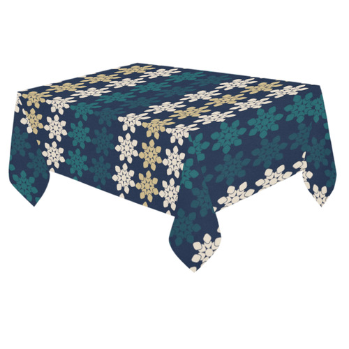 Dark Blue Floral Geometric Tile Cotton Linen Tablecloth 60"x 84"