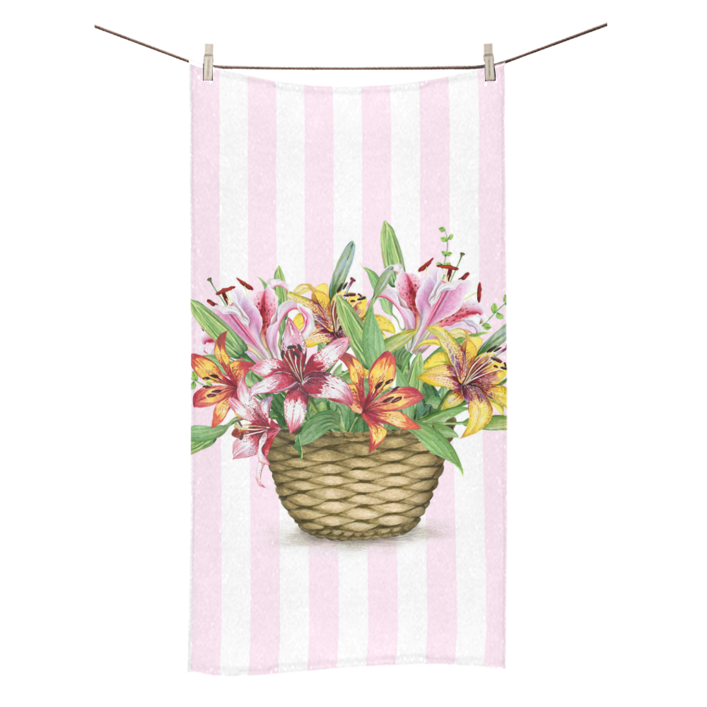 Flower Lily Basket on Pink Stripes Bath Towel 30"x56"
