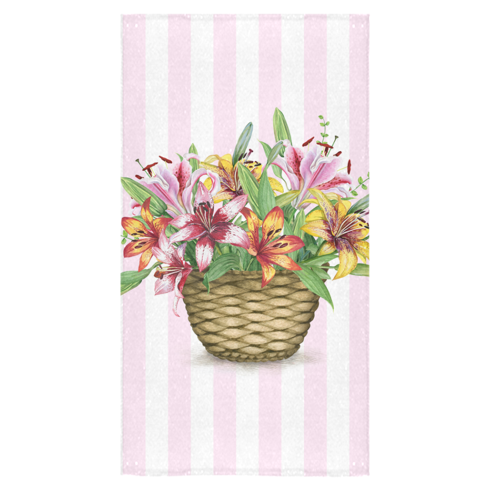 Flower Lily Basket on Pink Stripes Bath Towel 30"x56"