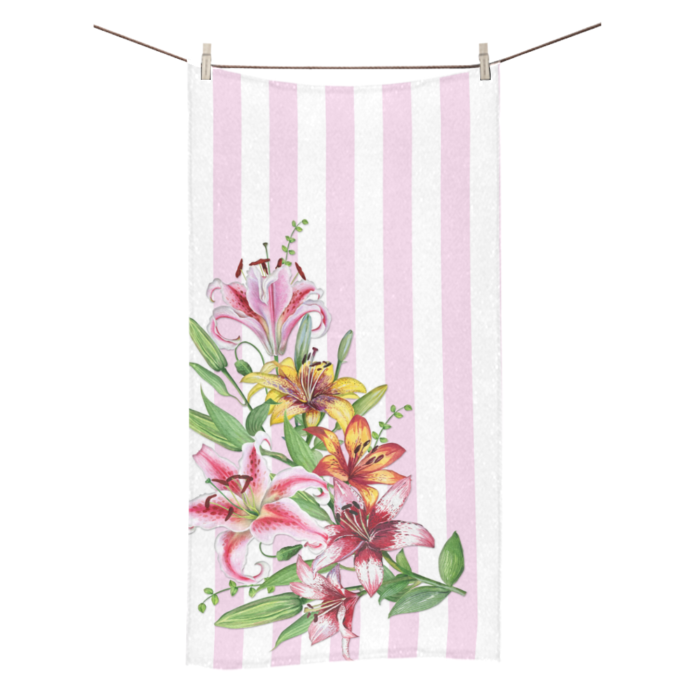 Lilies on Pink Stripes Bath Towel 30"x56"