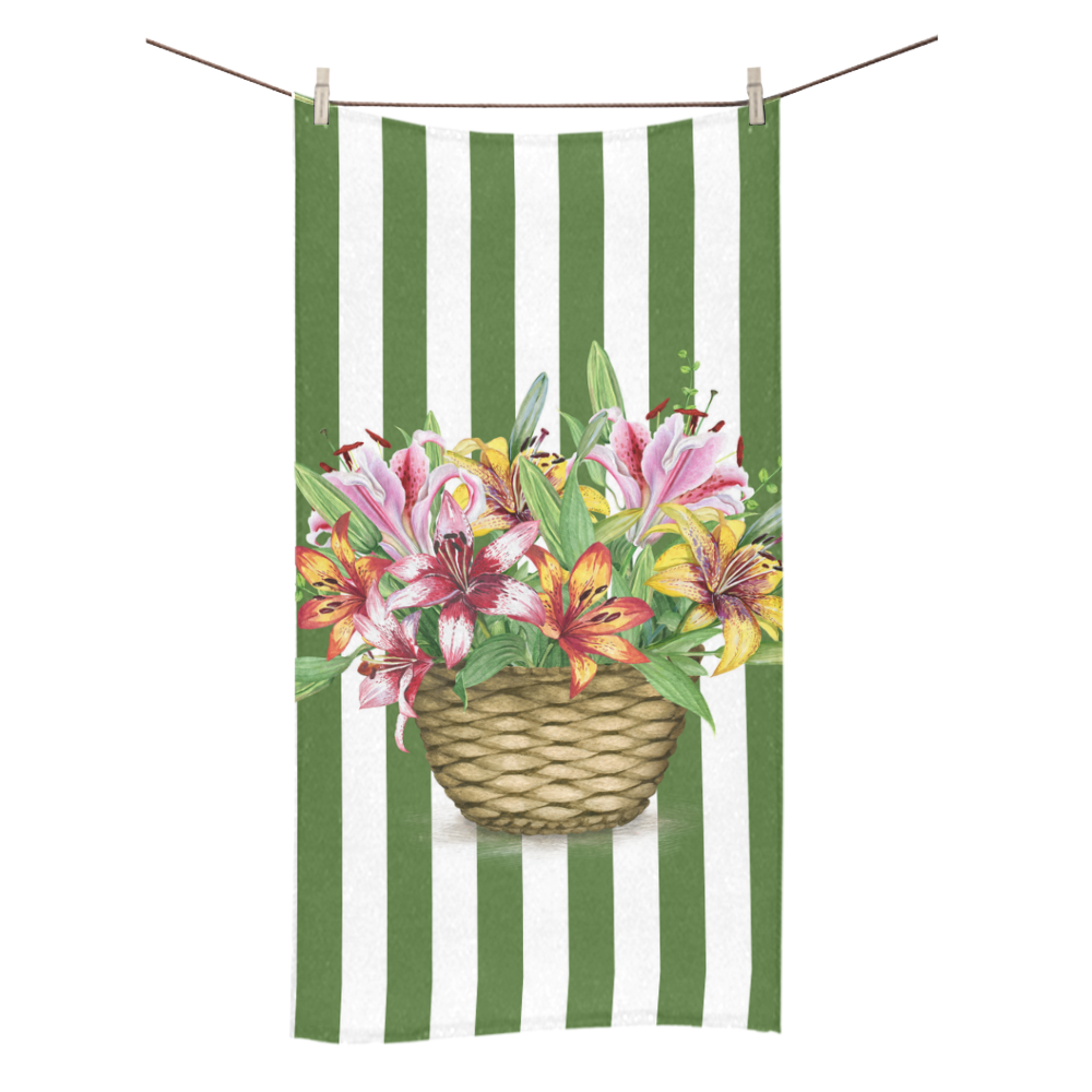 Flower Lily Basket on Green Stripes Bath Towel 30"x56"