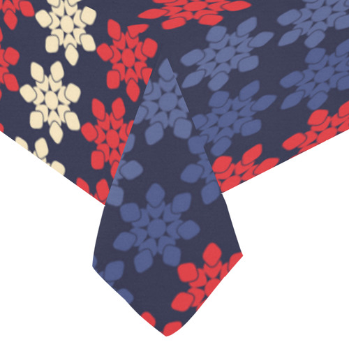 Blue With Red Floral Geometric Tile Cotton Linen Tablecloth 60"x 104"