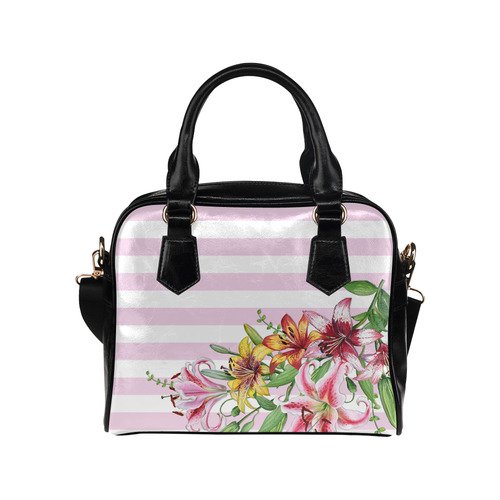 Lilies and Flowers on Pink Stripes Shoulder Handbag (Model 1634)