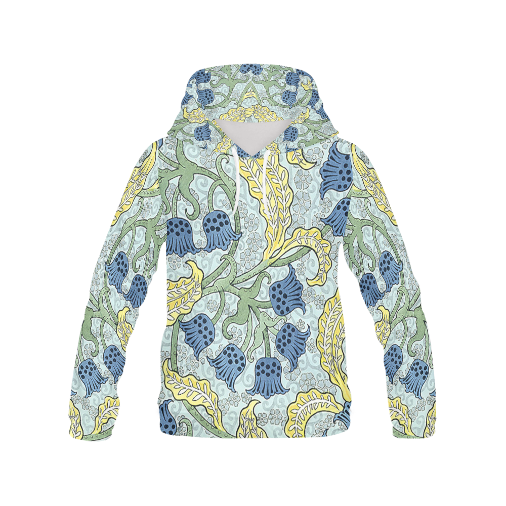 Blue Yellow Art Deco Floral All Over Print Hoodie for Women (USA Size) (Model H13)